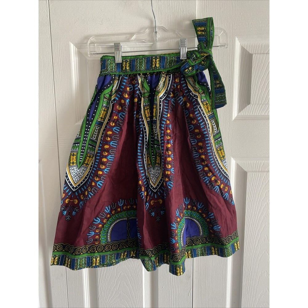 Dashiki Print Skirt Girls Size M Burgundy Green Cotton Boho A Line
